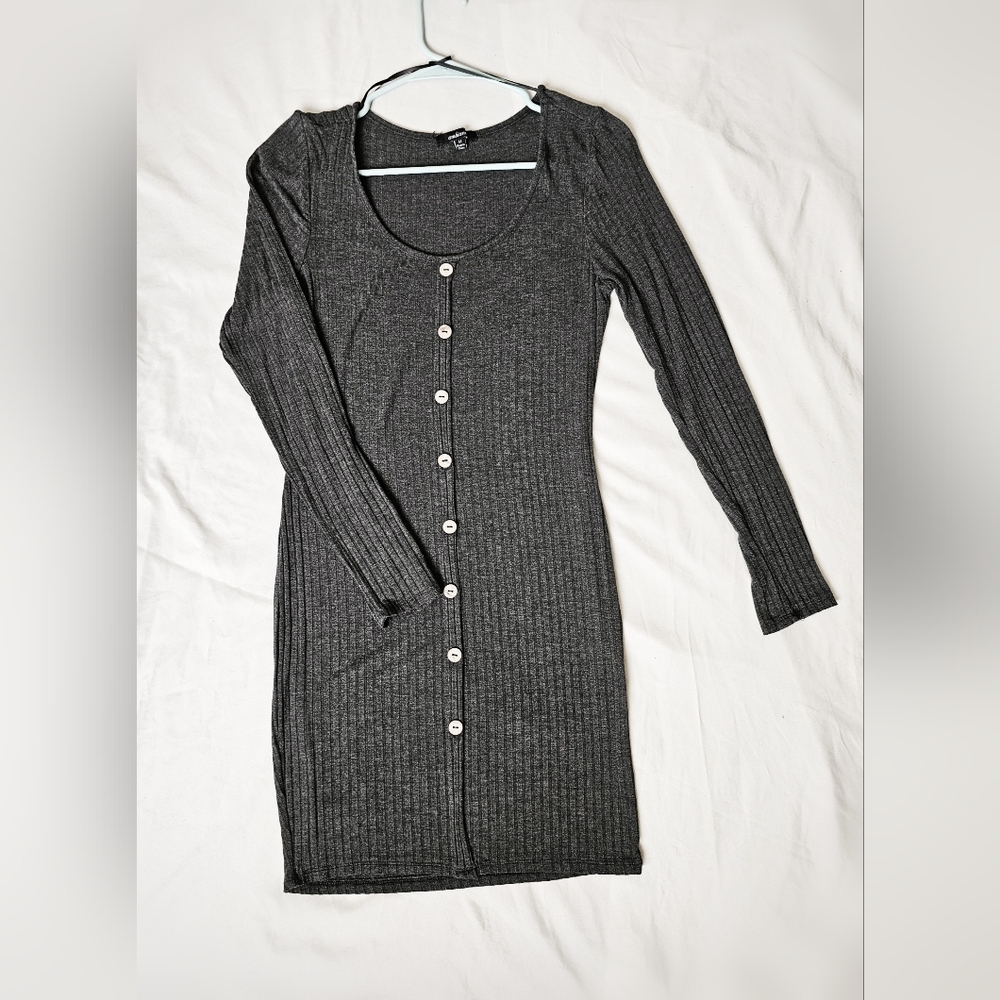 Ambiance Long Sleeve Button Detail Sweater Midi Dress - Charcoal